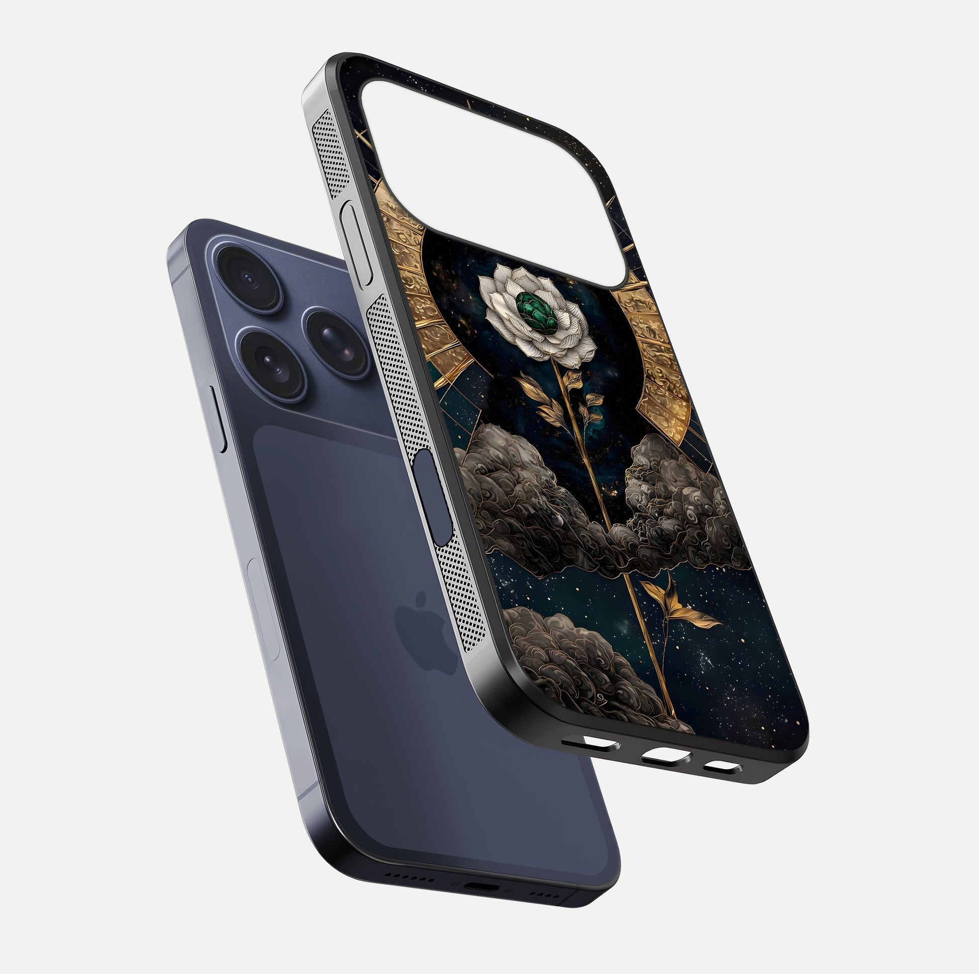 Celestial Lotus Morang Glass Case for iPhone 17 Pro floating mockup showing gloss depth and cosmic lotus glow