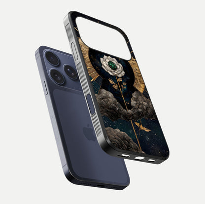 Celestial Lotus Morang Glass Case for iPhone 17 Pro floating mockup showing gloss depth and cosmic lotus glow