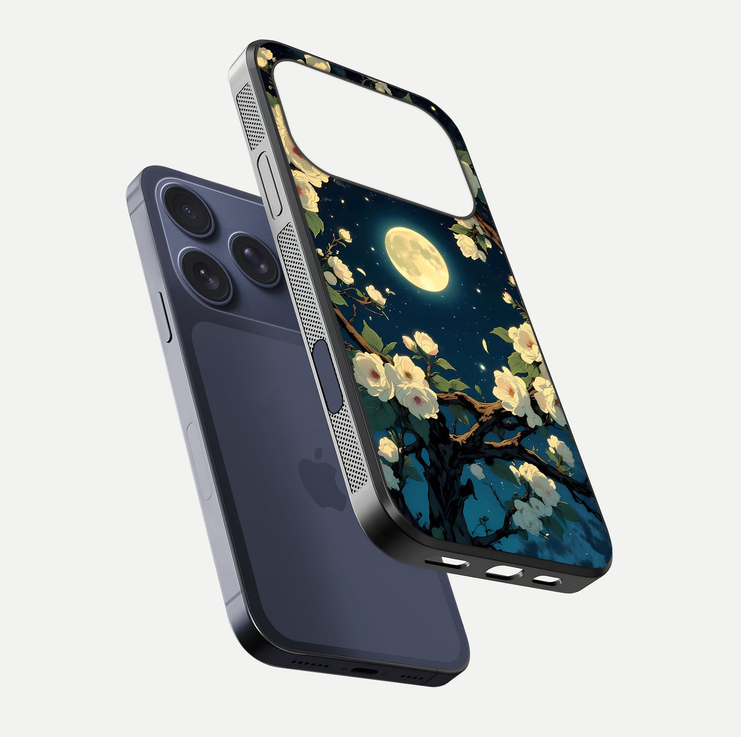 Celestial Moon & Flower Glass Case for iPhone 17 Pro floating mockup emphasizing HD shine and delicate texture