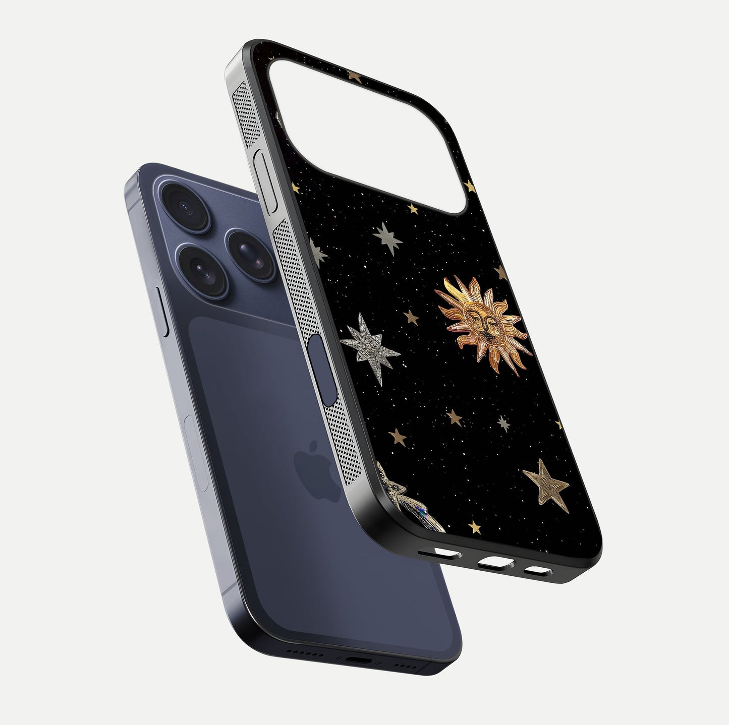 Celestial Moon With Stars Glass Case for iPhone 17 Pro floating mockup emphasizing star depth and gloss clarity