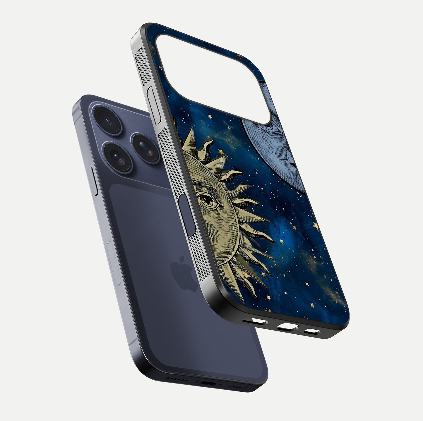 Celestial Moon With Sun Glass Case for iPhone 17 Pro floating mockup displaying vibrant contrast and HD gloss