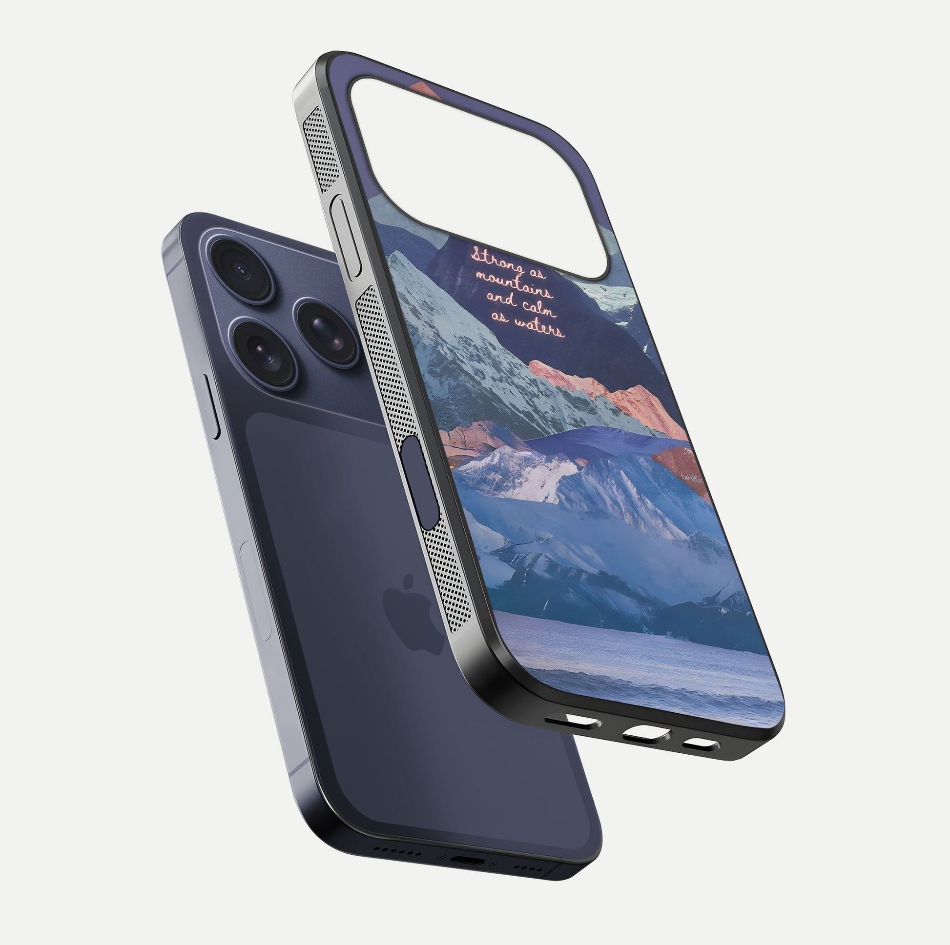 Celestial Mountain Calm Glass Case for iPhone 17 Pro floating mockup showing glow depth and polished edges