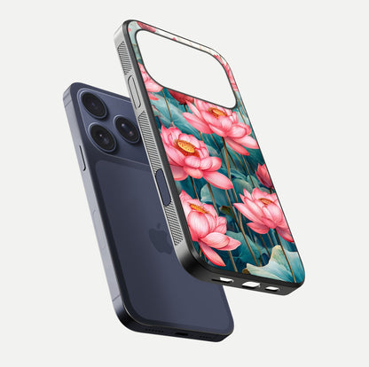 Celestial Pink Lotus Glass Case for iPhone 17 Pro floating mockup displaying cosmic tone and gloss surface