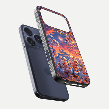 Celestial Sakura Sunset Glass Case for iPhone 17 Pro floating mockup capturing sunset hue and smooth gloss