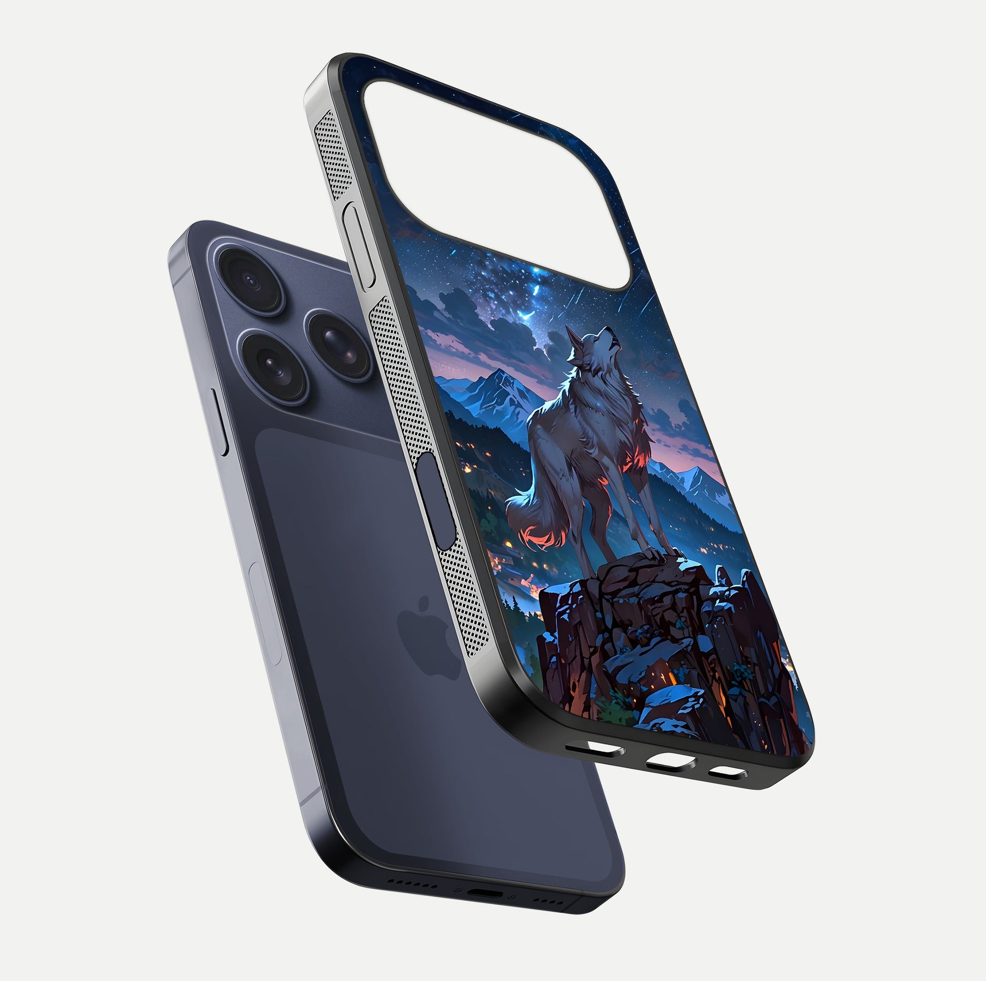 Celestial Wolf Howl Glass Case for iPhone 17 Pro floating mockup capturing reflection depth and silver gloss