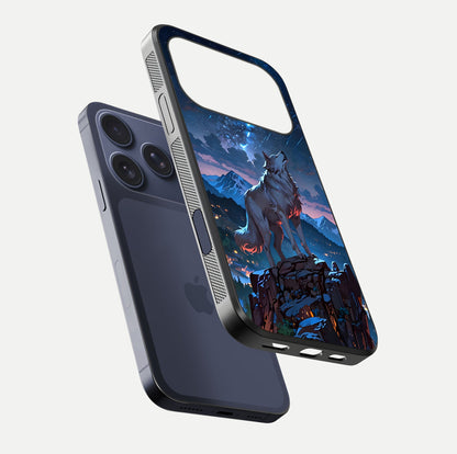 Celestial Wolf Howl Glass Case for iPhone 17 Pro floating mockup capturing reflection depth and silver gloss
