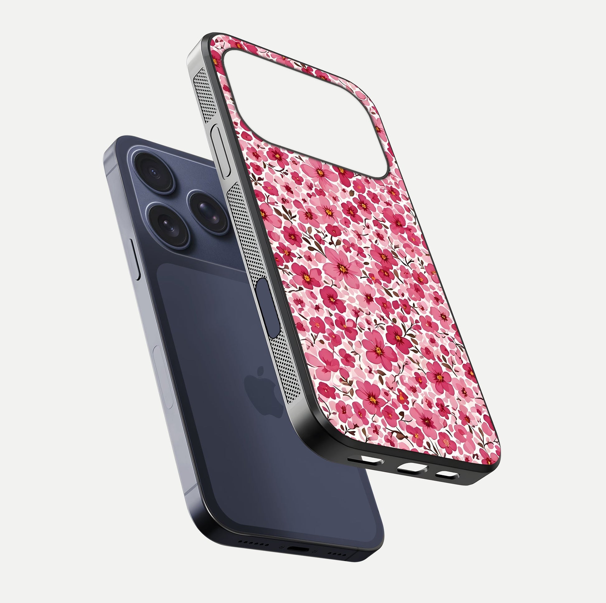 Cherry Blossom Charm Glass Case for iPhone 17 Pro floating mockup displaying pink tone flow and polished edges