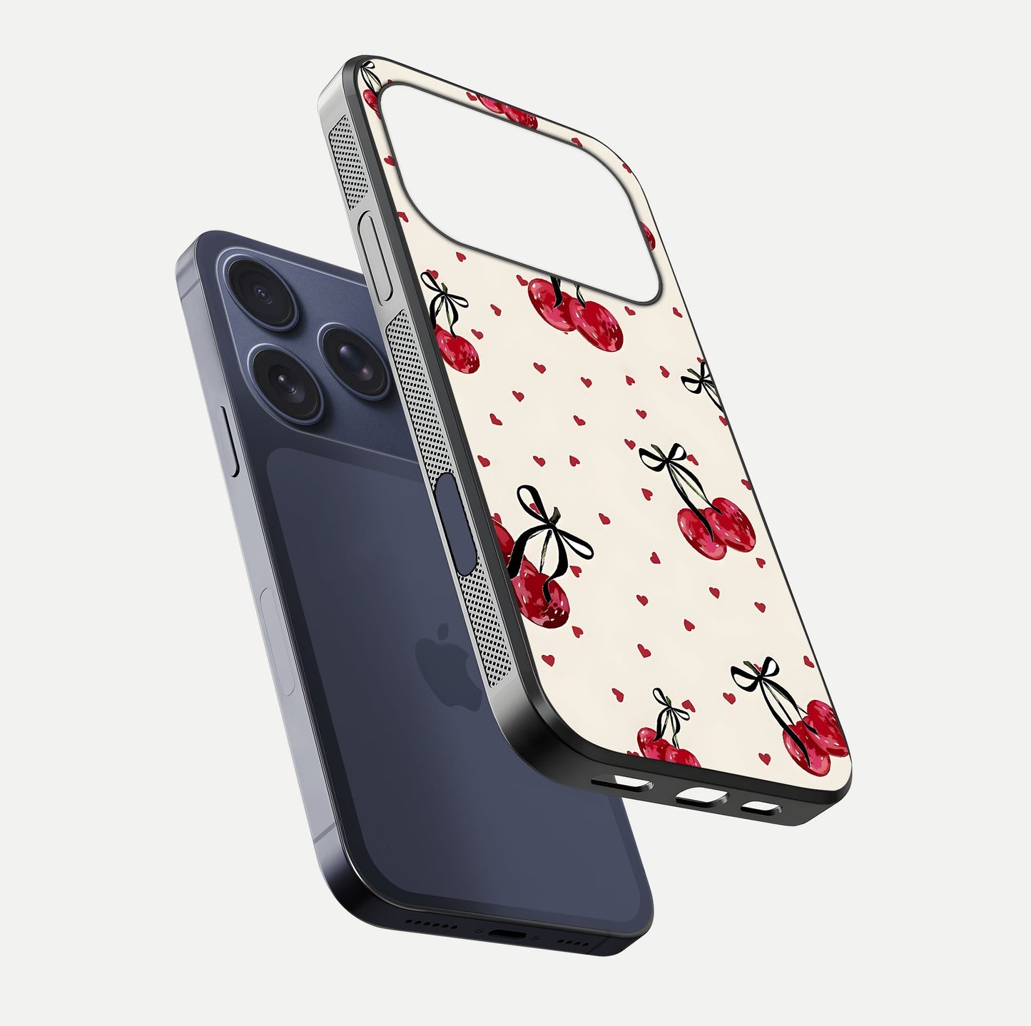 Cherry Heart Bow Glass Case for iPhone 17 Pro floating mockup showing reflection and HD print detail