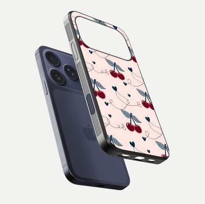 Cherry Heart Line Glass Case for iPhone 17 Pro floating mockup showing gloss polish and bright tones