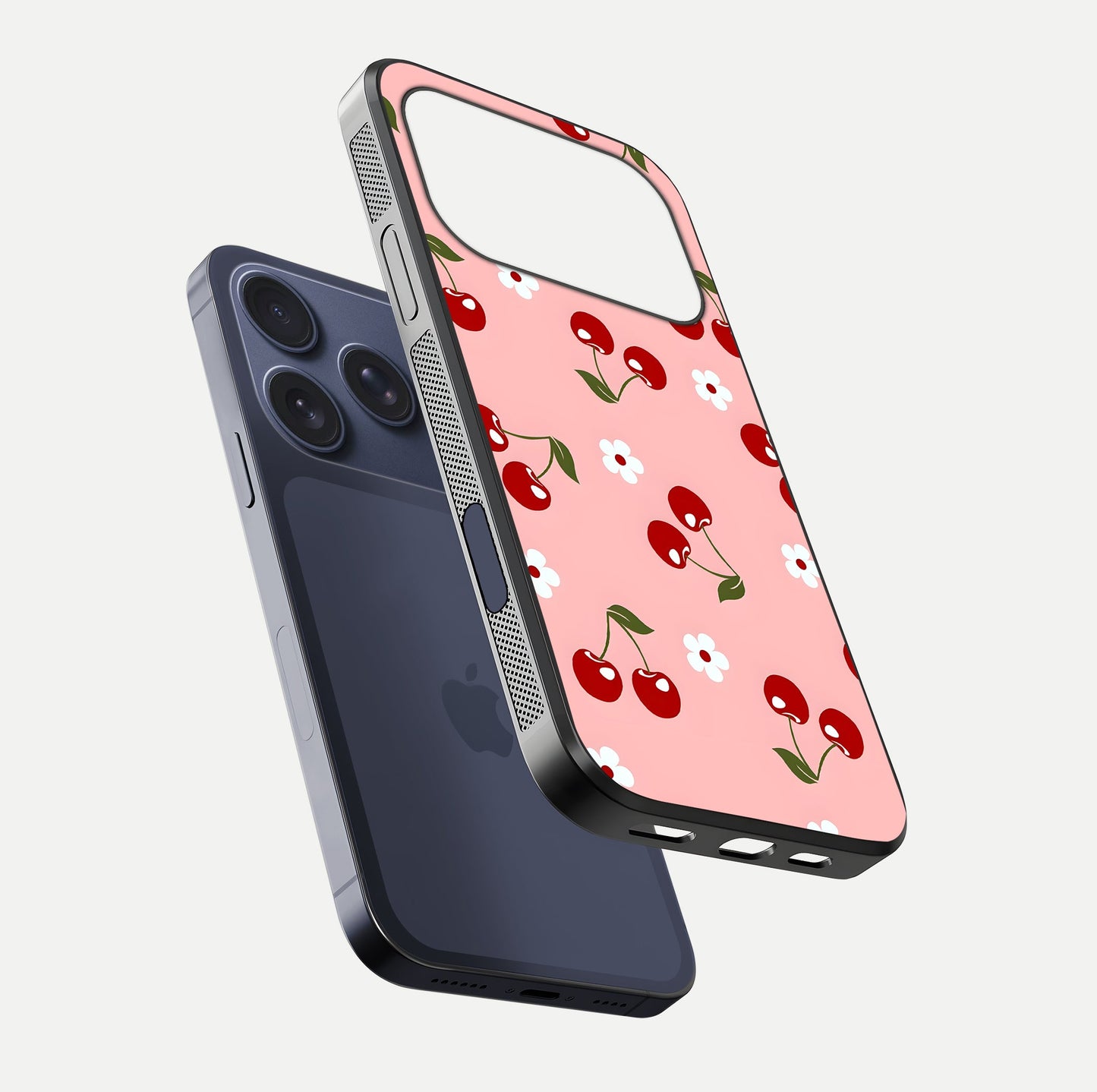 Cherry Love Mood Glass Case for iPhone 17 Pro floating mockup showing HD gloss reflection and red tones