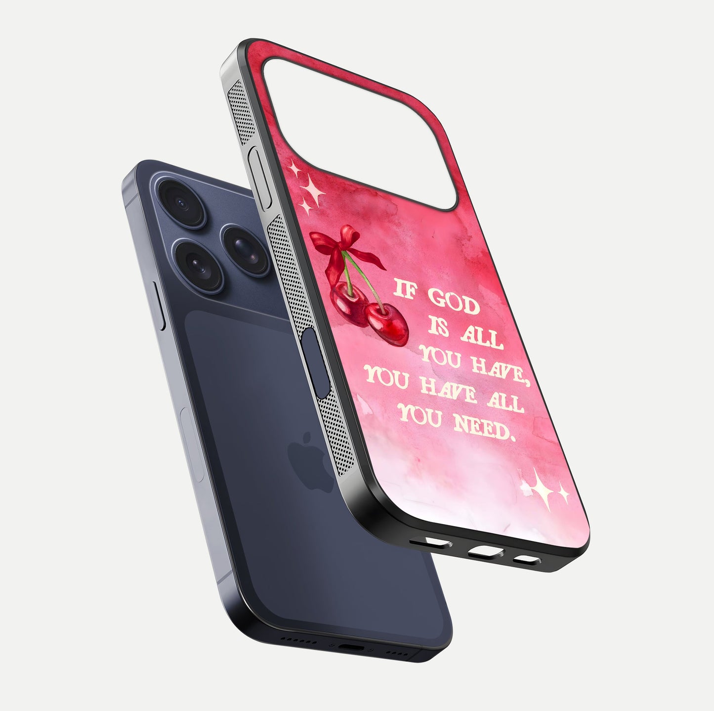 Cherry Quote Glass Case for iPhone 17 Pro floating mockup capturing shine texture and clear typography