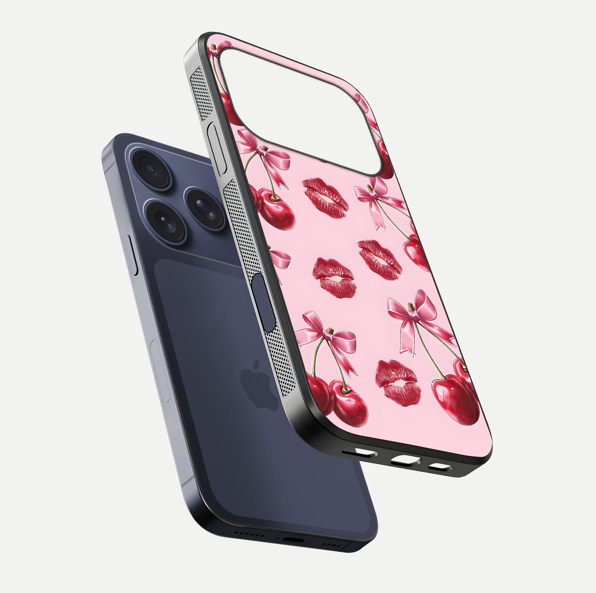 Cherry With Lips Glass Case for iPhone 17 Pro floating mockup showing HD gloss and pop-art inspired tones