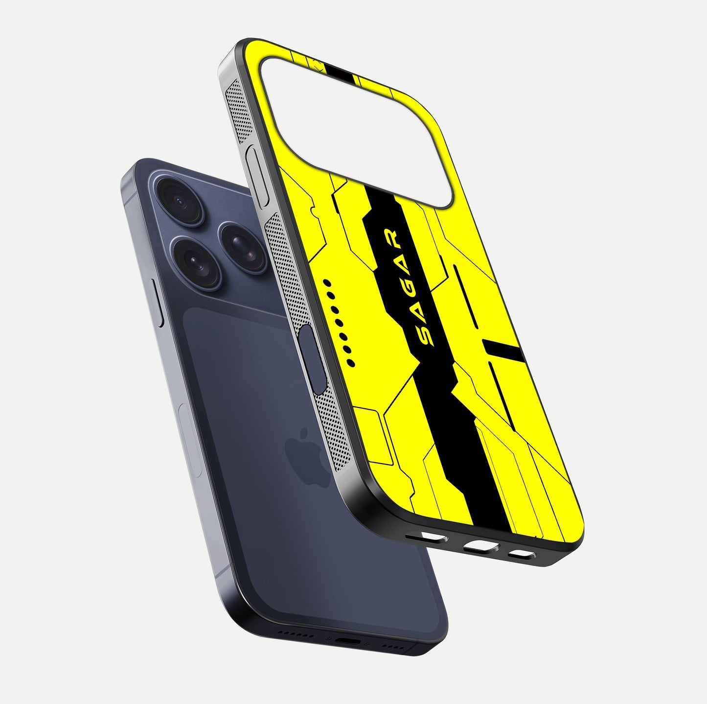 Circuit CYBERPUNK Custom Name Glass Case for iPhone 17 Pro floating mockup capturing glow effects and polished shine