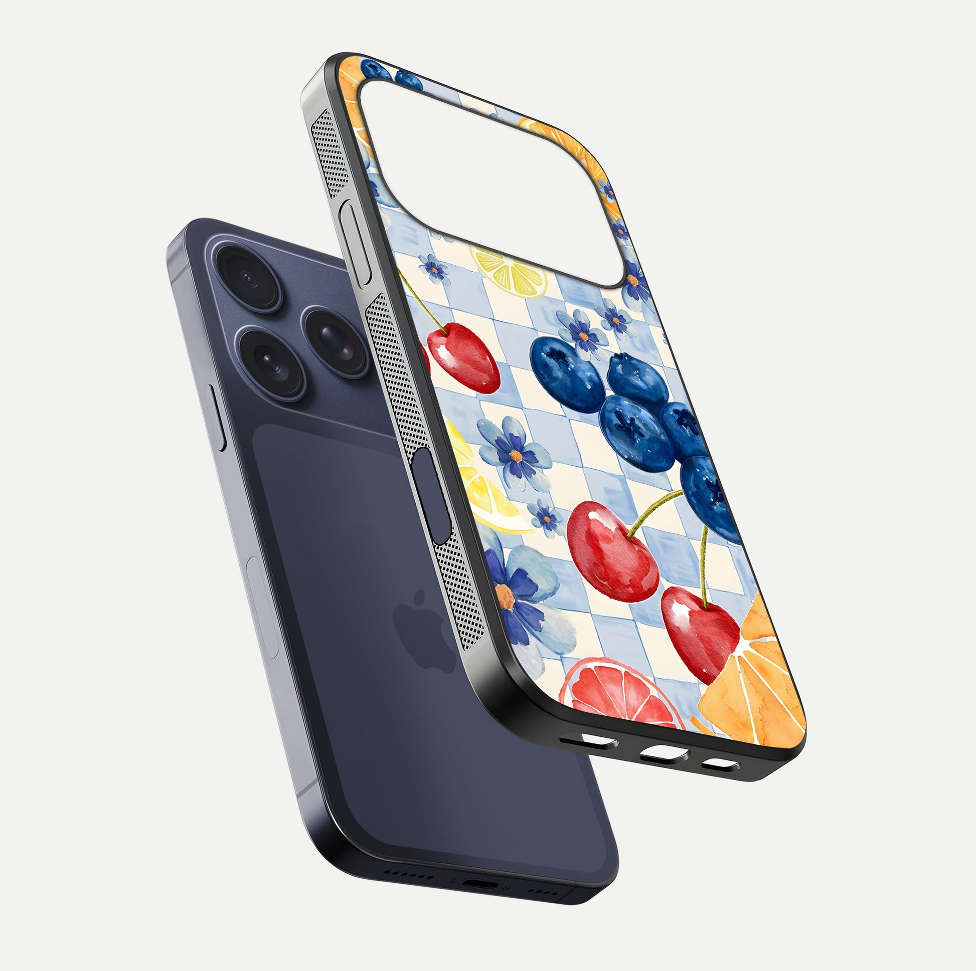 Citrus Bloom Joy Glass Case for iPhone 17 Pro floating mockup showing HD gloss and lively tone