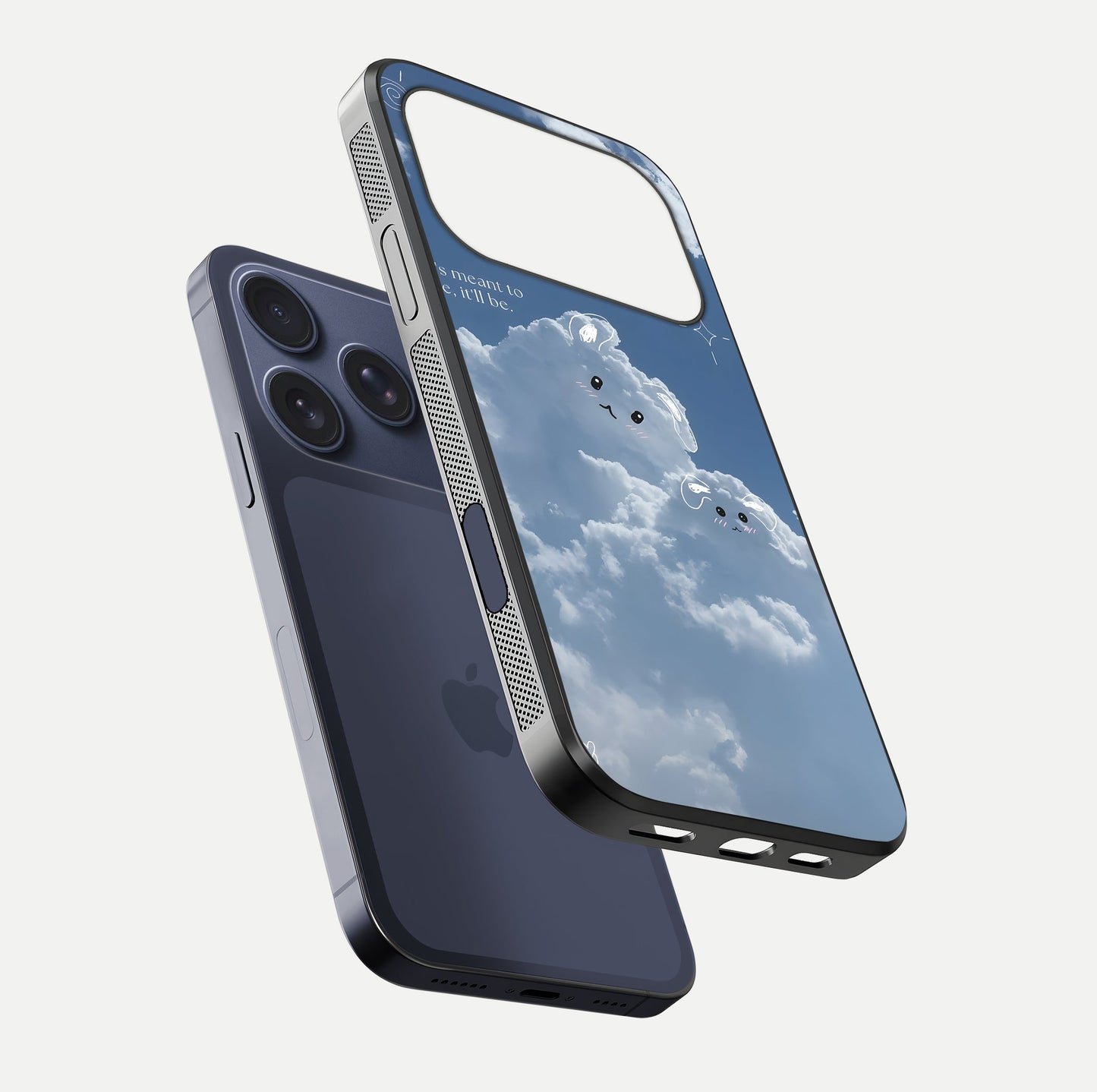 Cloud Bunny Dreams Glass Case for iPhone 17 Pro floating mockup showing soft gradient and gloss reflection