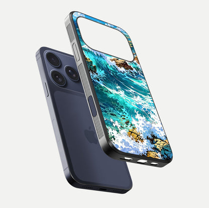 Coastal Blue Waves Glass Case for iPhone 17 Pro floating mockup showing HD reflection and wave details
