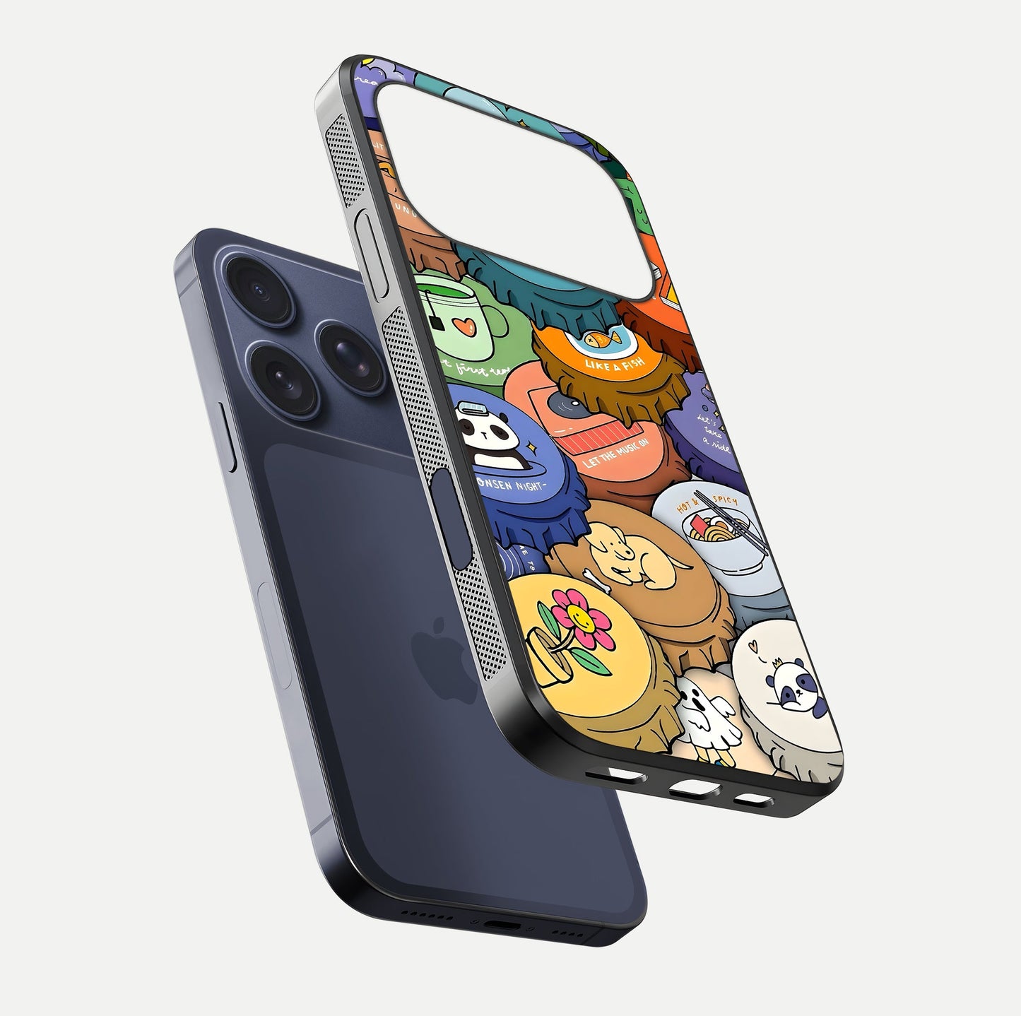 Coins Patterns Glass Case for iPhone 17 Pro floating mockup showing reflection depth and smooth tone