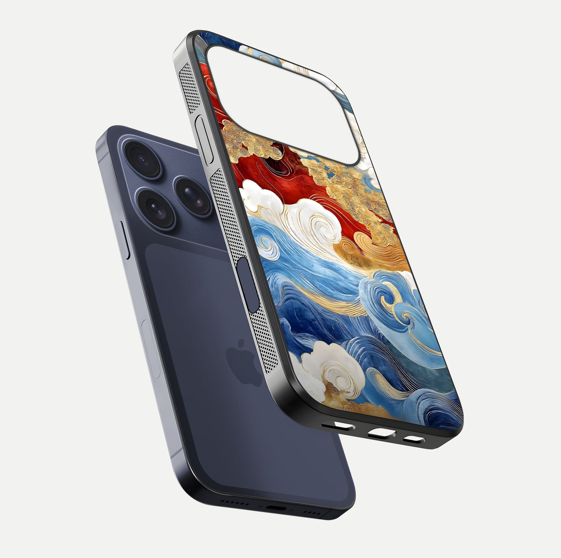 Colored Waves Glass Case for iPhone 17 Pro floating dual-view mockup displaying gloss finish and color contrast