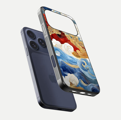 Colored Waves Glass Case for iPhone 17 Pro floating dual-view mockup displaying gloss finish and color contrast