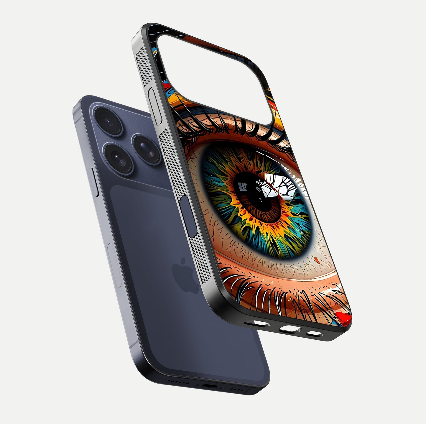 Colorful Eye Glass Case for iPhone 17 Pro floating mockup showing bright contrast and gloss clarity