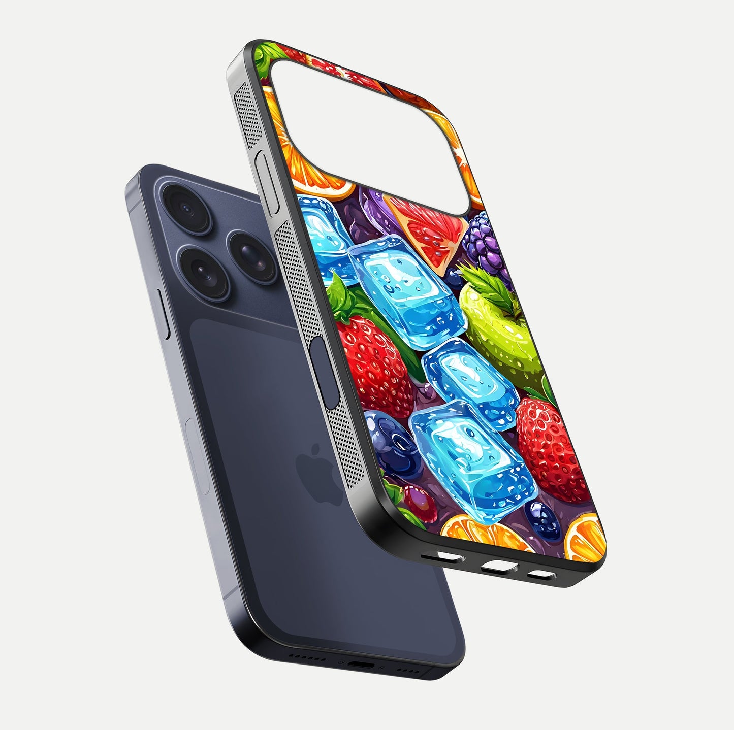 Colorful Fruits with Ice Glass Case for iPhone 17 Pro floating mockup showing bright shine and crystal clarity