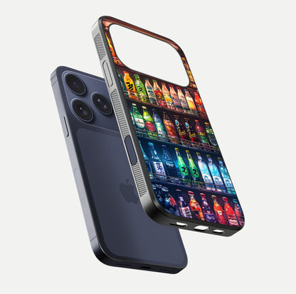 Colorful Soda Bottles Glass Case for iPhone 17 Pro floating mockup showing light reflection and bright gloss