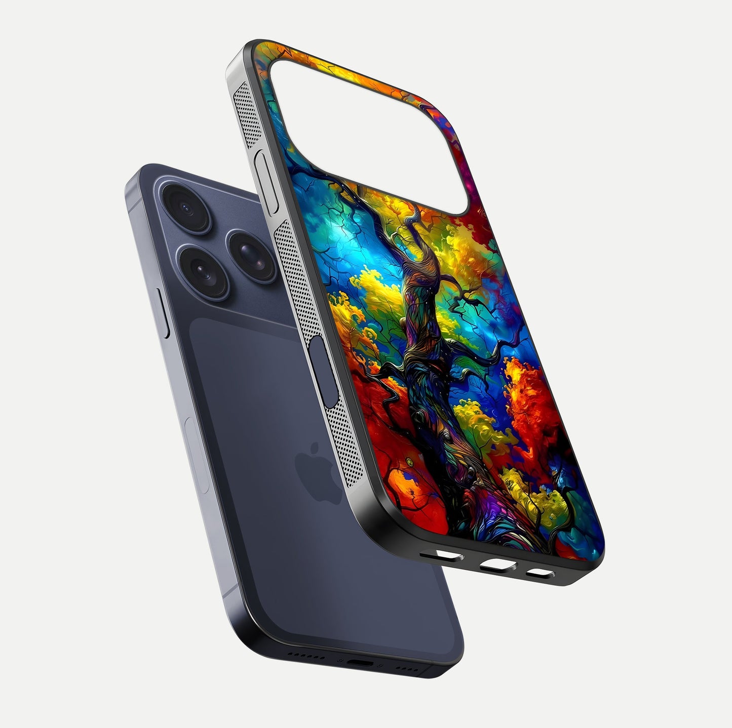 Colorful Tree Glass Case for iPhone 17 Pro floating mockup showing reflection gloss and vivid hues