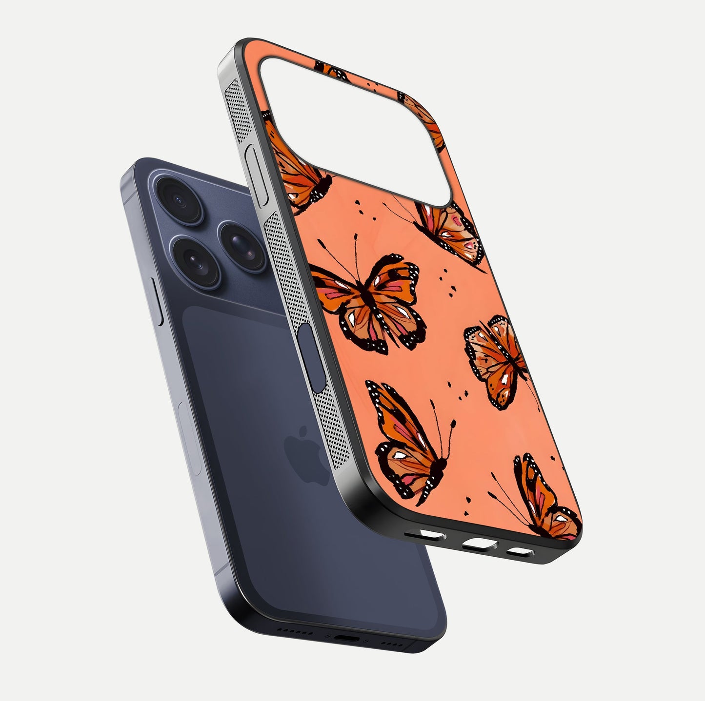 Coral Wing Butterfly Glass Case for iPhone 17 Pro floating mockup showing HD gloss texture and vivid coral color