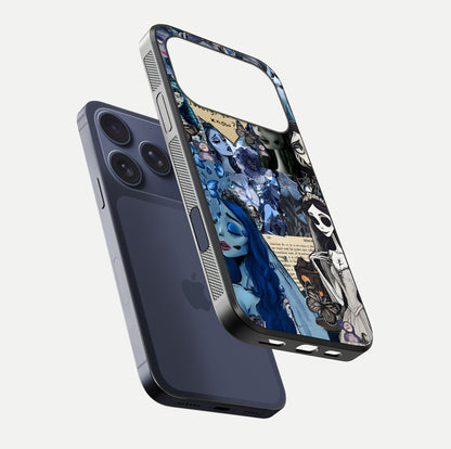 Corpse Bride Posters Glass Case for iPhone 17 Pro floating mockup showing shine texture and clear design