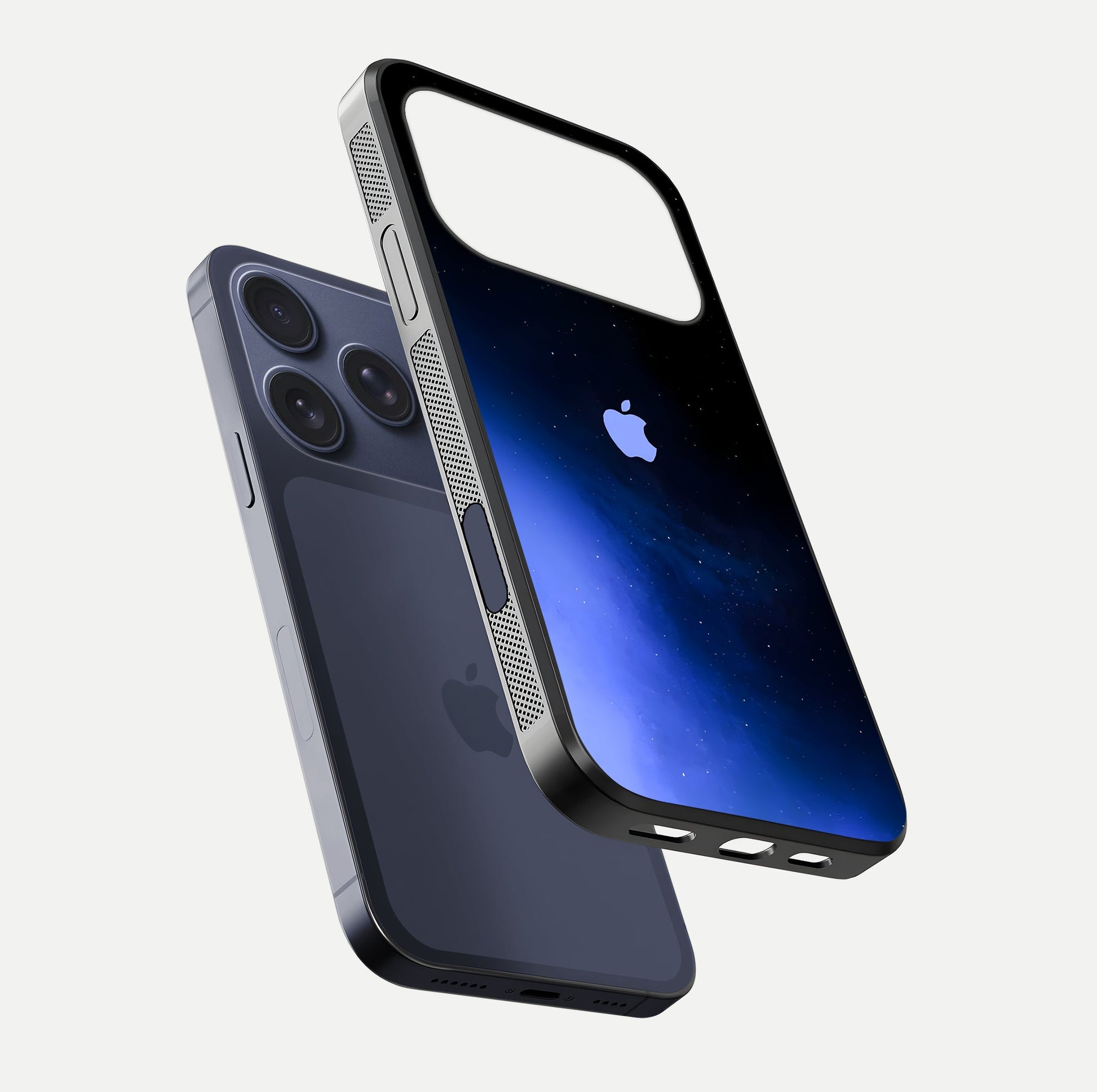 Cosmic Blue Apple Glass Case for iPhone 17 Pro floating mockup showing HD gloss and deep space gradient