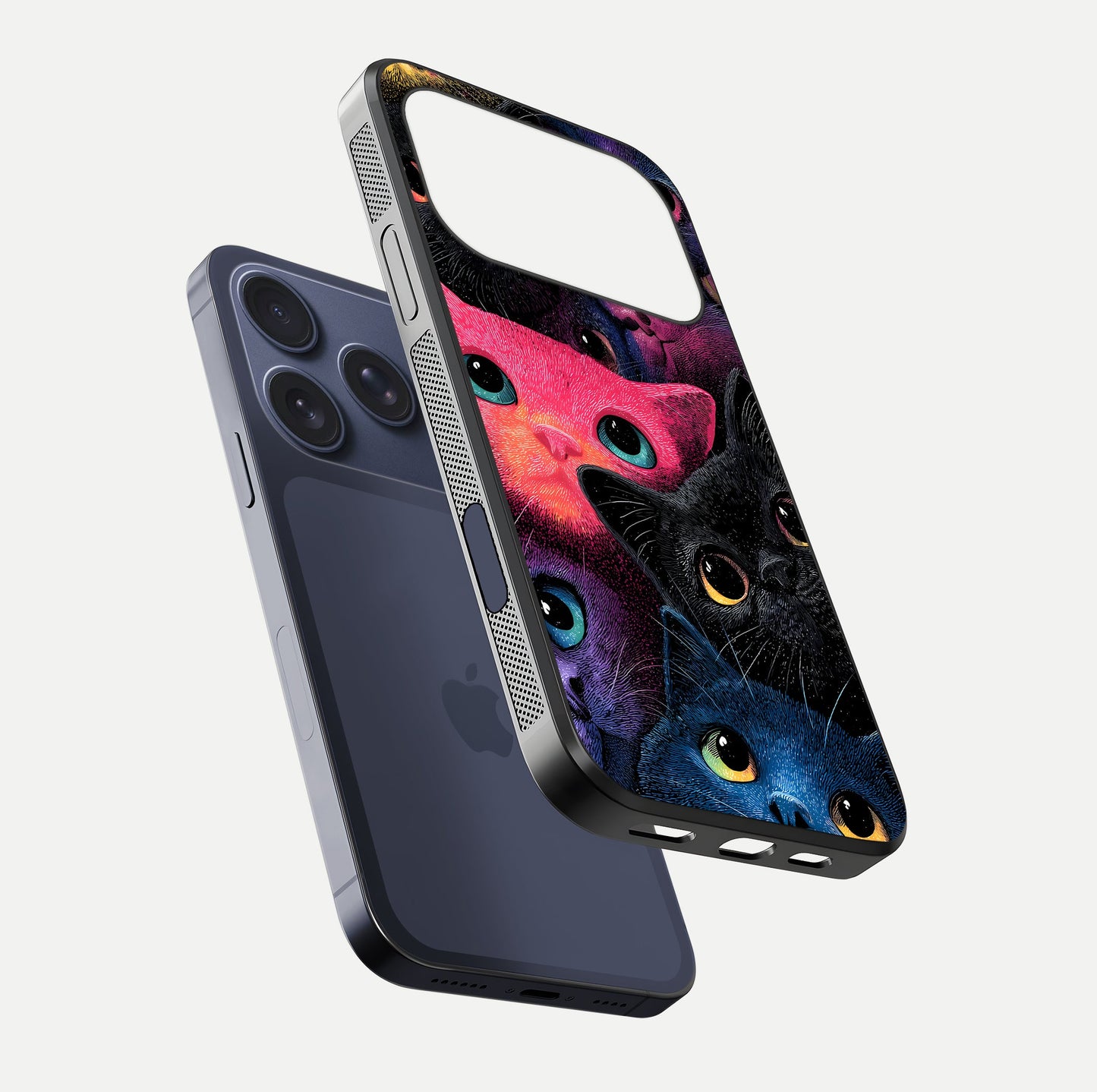 Cosmic Cats Dreams Glass Case for iPhone 17 Pro floating mockup showing star details and polish reflection