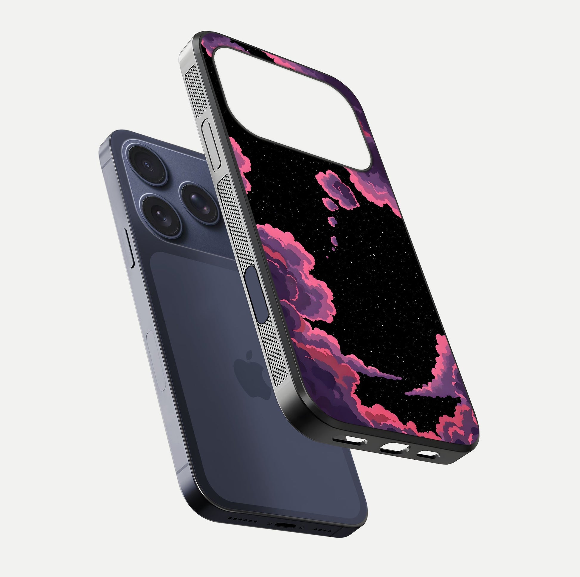 Cosmic Cloud Journey Glass Case for iPhone 17 Pro floating mockup showing HD gloss and cosmic gradient