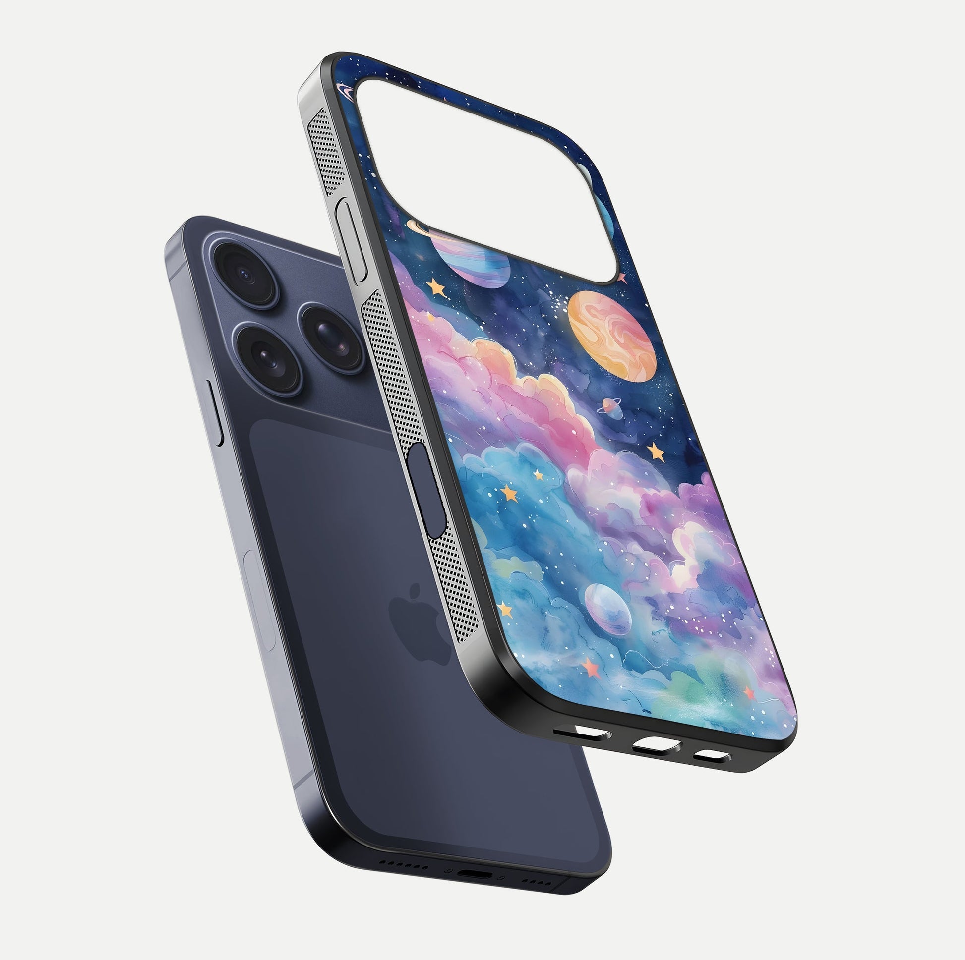 Cosmic Planet Dreams Glass Case for iPhone 17 Pro floating mockup showing HD gloss and cosmic reflection