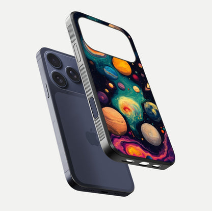 Cosmic Planet Journey Glass Case for iPhone 17 Pro floating mockup showing gloss gradient and deep shine