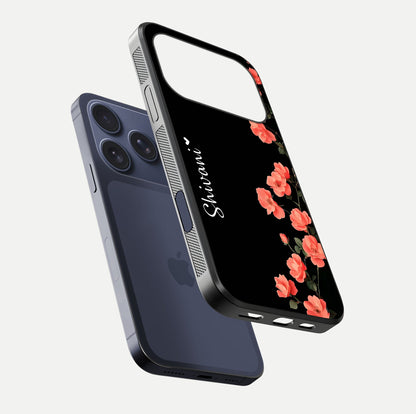 Crimson Bloom Grace Custom Name Glass Case for iPhone 17 Pro floating mockup showing HD gloss and floral tones