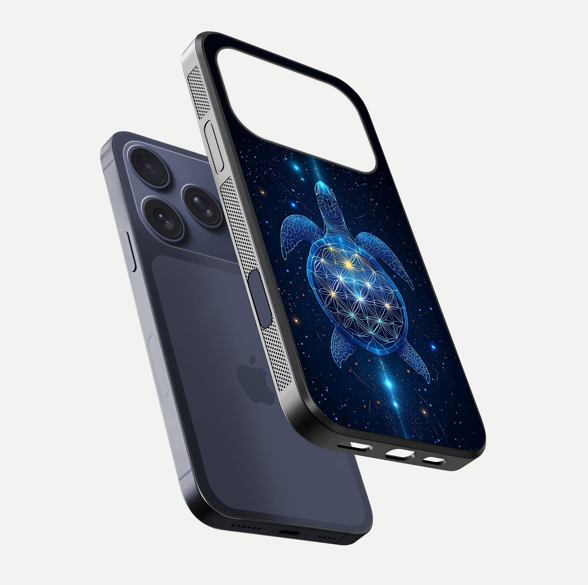 Crimson Blue Turtle Glass Case for iPhone 17 Pro floating mockup showing reflection polish and deep hues
