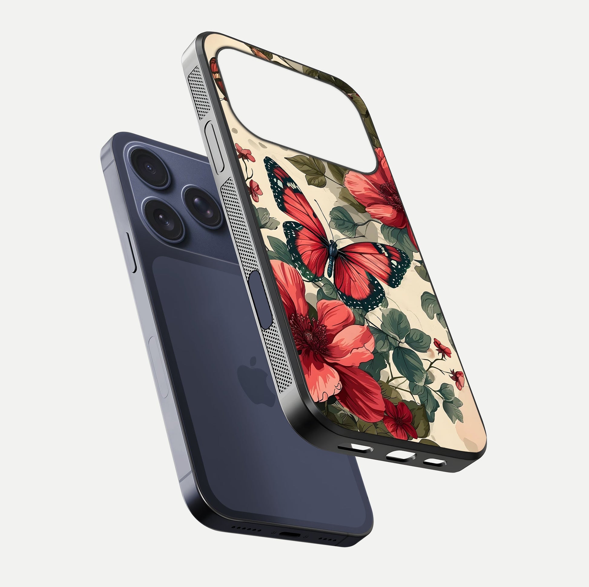 Crimson Butterfly Garden Glass Case for iPhone 17 Pro floating mockup showing HD gloss and vivid art
