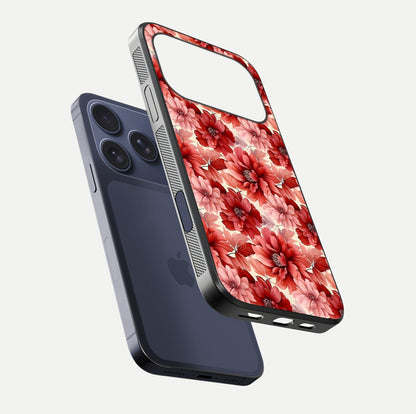 Crimson Love Petals Glass Case for iPhone 17 Pro floating mockup showing HD gloss and vivid detail