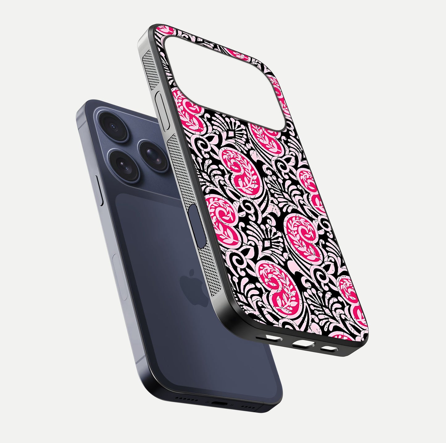 Crimson Paisley Charm Glass Case for iPhone 17 Pro floating mockup showing gloss shine and texture clarity