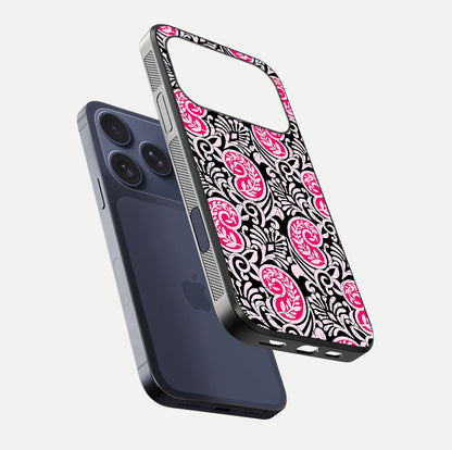Crimson Paisley Charm Glass Case for iPhone 17 Pro floating mockup showing gloss shine and texture clarity