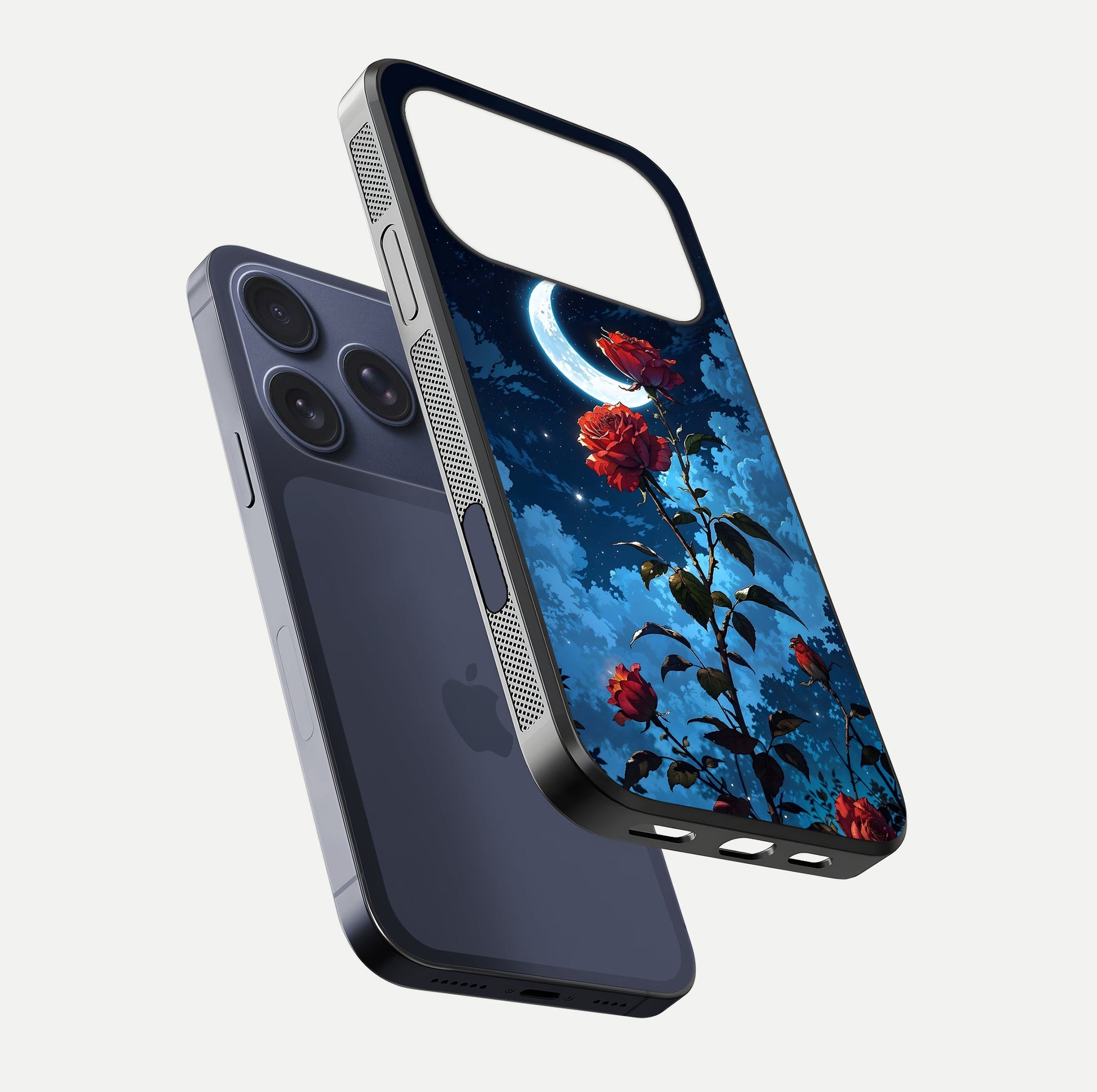 Crimson Rose Moon Glass Case for iPhone 17 Pro floating mockup showing HD shine and elegant contrast