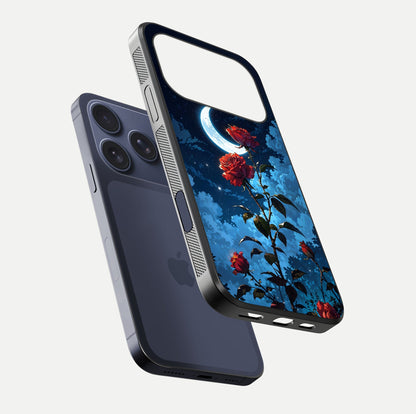 Crimson Rose Moon Glass Case for iPhone 17 Pro floating mockup showing HD shine and elegant contrast