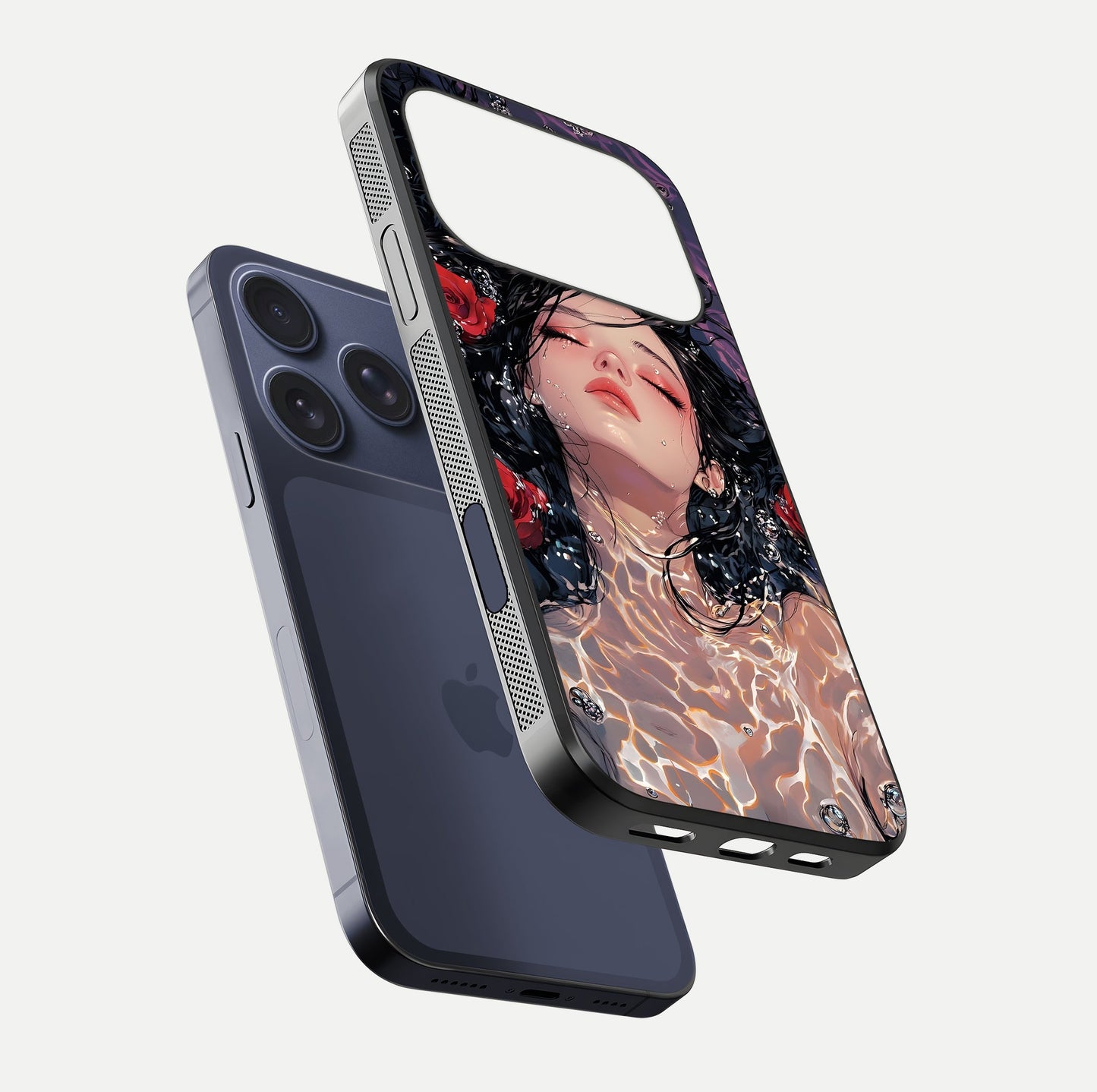 Crimson Rose Serenity Glass Case for iPhone 17 Pro floating mockup showing HD gloss and floral texture