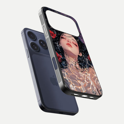 Crimson Rose Serenity Glass Case for iPhone 17 Pro floating mockup showing HD gloss and floral texture
