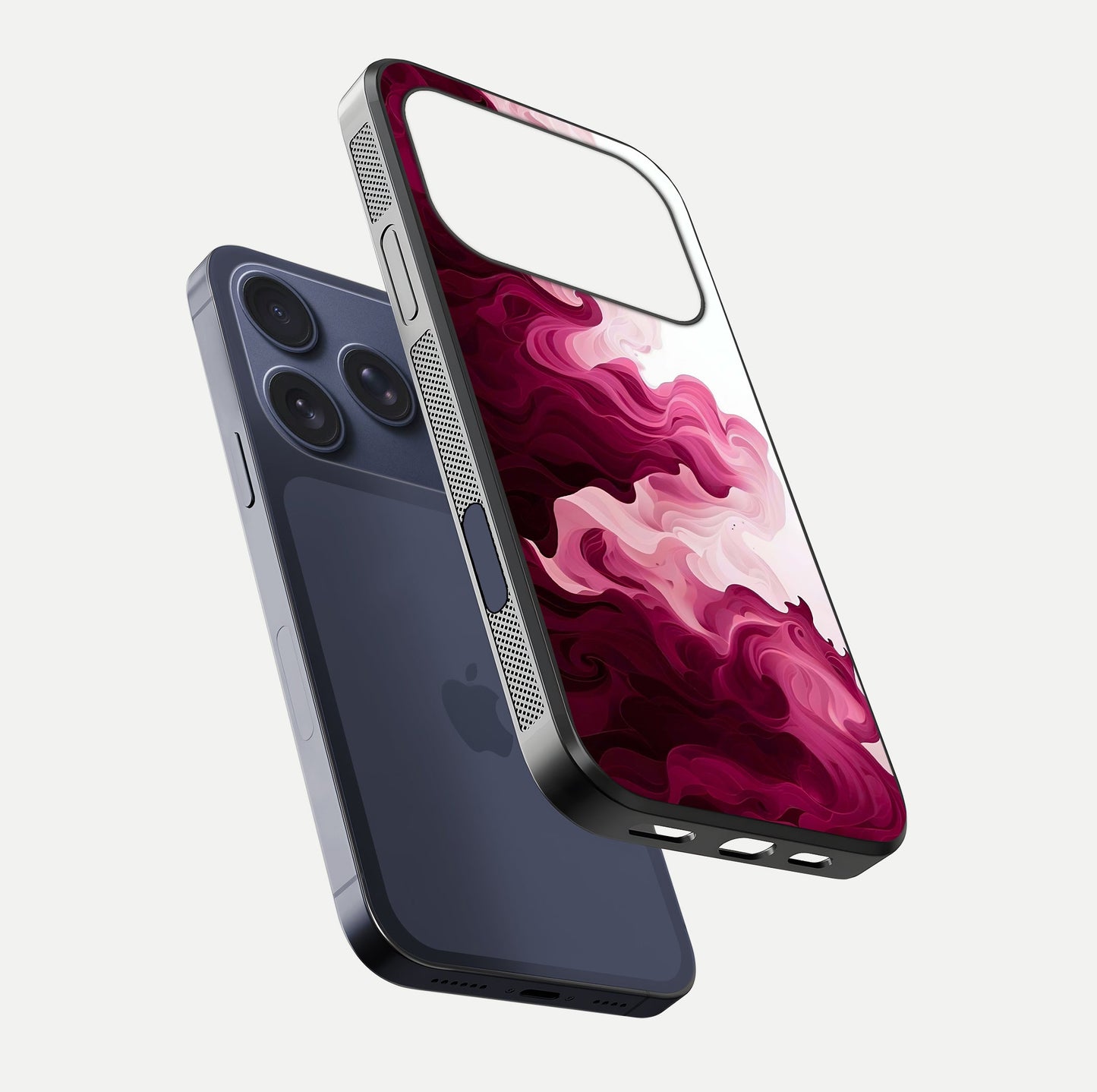 Crimson Wave Flow Glass Case for iPhone 17 Pro floating mockup showing gloss shine and smooth edge