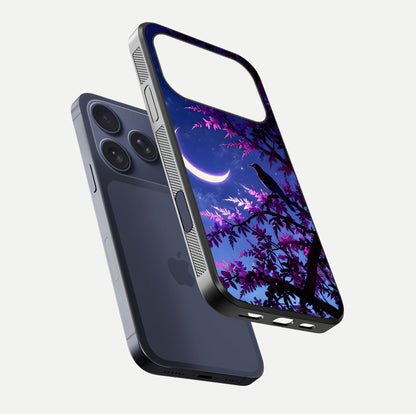 Crow & Moon Scenery Glass Case for iPhone 17 Pro floating mockup showing HD gloss texture and soft moonlight glow