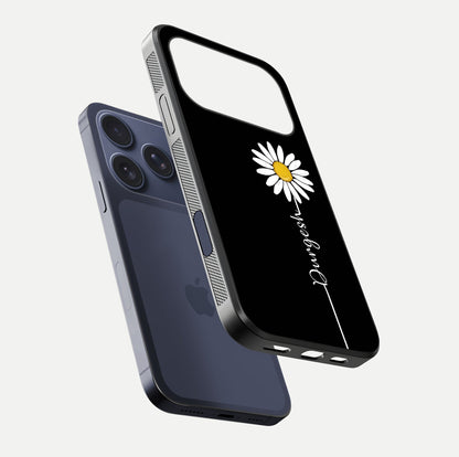 Custom Name White Flower Glass Case for iPhone 17 Pro floating mockup displaying HD gloss and delicate texture