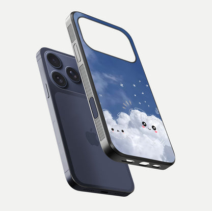 Cute Blossom Cloud Glass Case for iPhone 17 Pro floating mockup showing HD shine and soft gradient finish