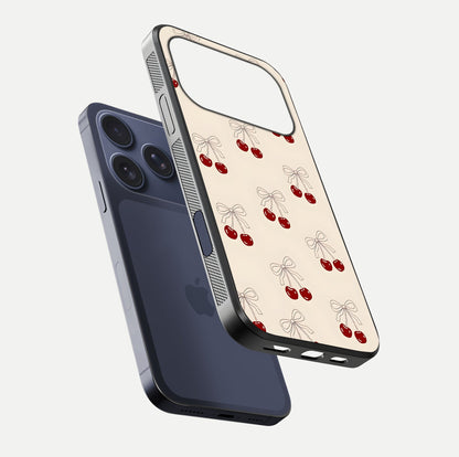 Cute Cherry Pattern Glass Case for iPhone 17 Pro floating mockup showing HD gloss shine and clear tones