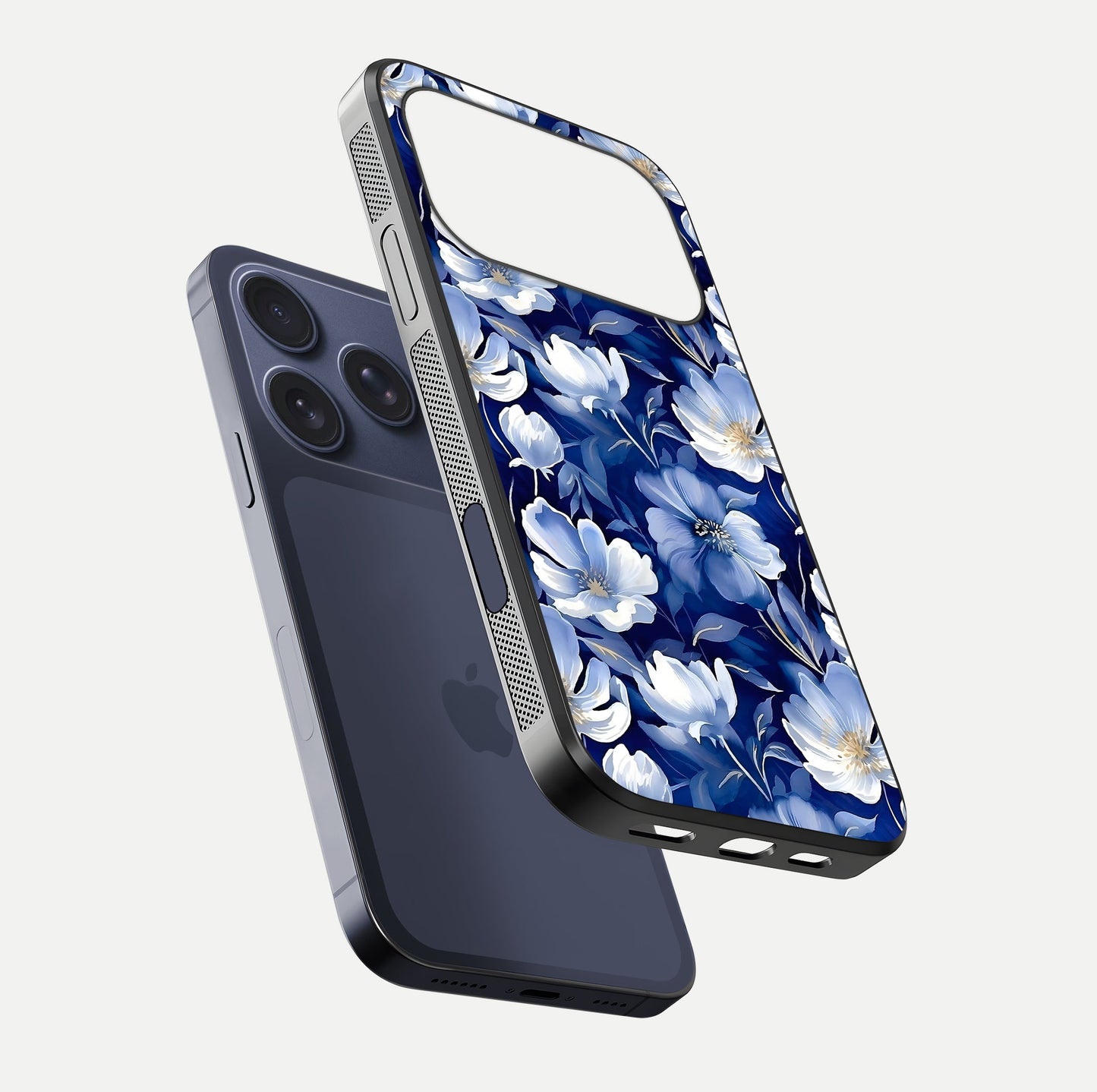 Cute Floral Patterns Glass Case for iPhone 17 Pro floating mockup showing shine depth and design clarity